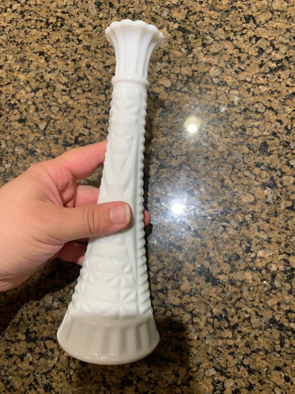 Milk Glass Bud Flower Vase 9” Floral Diamond Pattern Scalloped Rim Vintage.